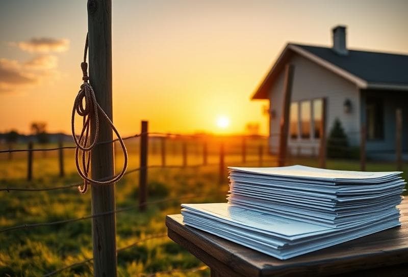 Texas ranch sunset with Houston home, lasso on fence, and property tax documents for notice