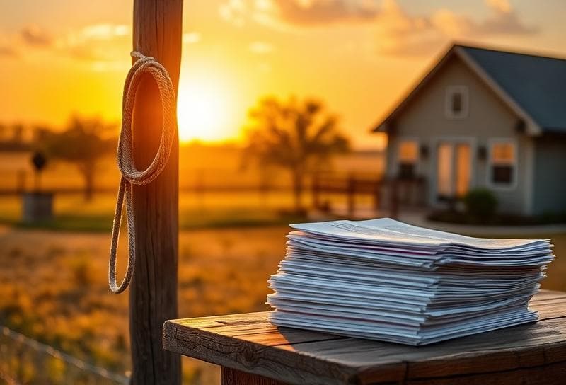 Sunset Texas ranch with Houston suburban home, lasso on fence, and property tax documents, emphasizing