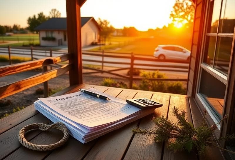Sunlit Texas ranch with property tax documents, lasso, and Baytown taxes guide on a wooden