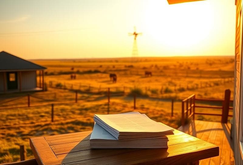 Sunlit Texas ranch with Houston suburban home, property tax documents, and grazing cattle, symbolizing Commercial