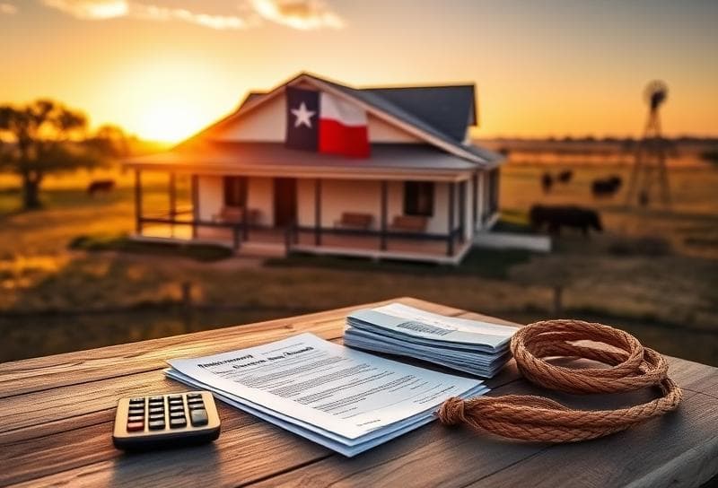 Texas ranch sunset with property tax documents, lasso, and tax discount savings symbolism.