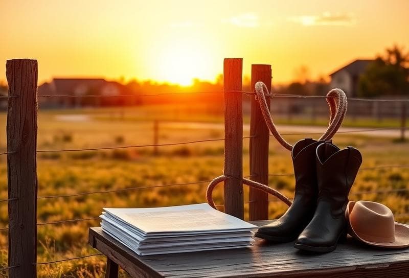 Texas ranch sunset with lasso, cowboy boots, and property tax documents symbolizing tax sale resources