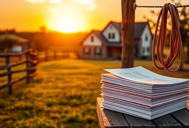 Houston suburban home at sunset with lasso, property tax documents, and Texas ranch charm.