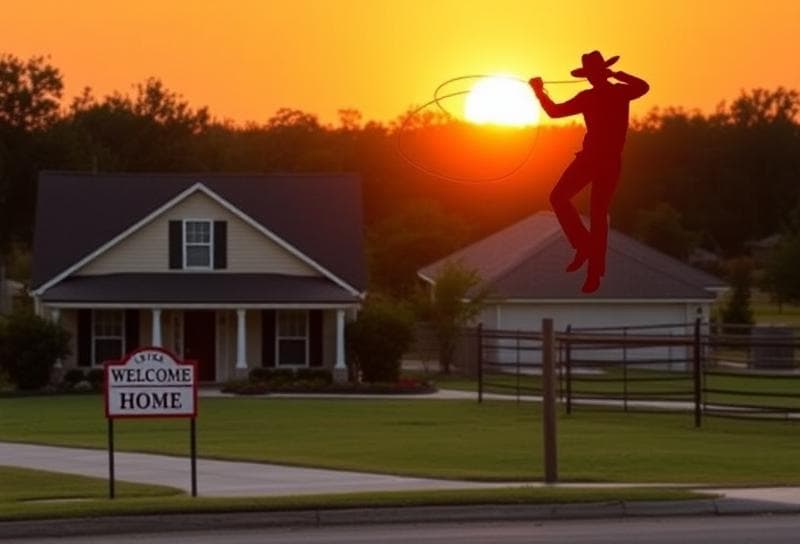 Sunset over a Texas ranch with a Houston suburban home, cowboy lassoing a fence post,