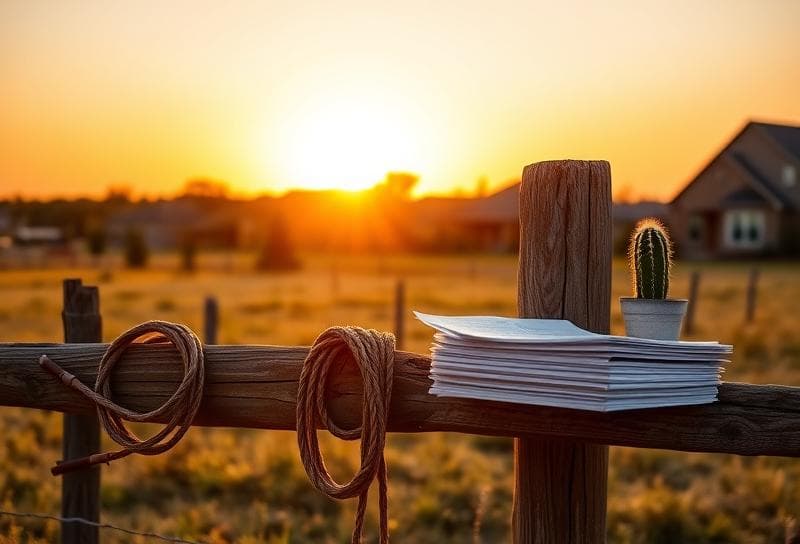 Weathered wooden fence with a lasso, property tax documents, and cactus at a Texas ranch