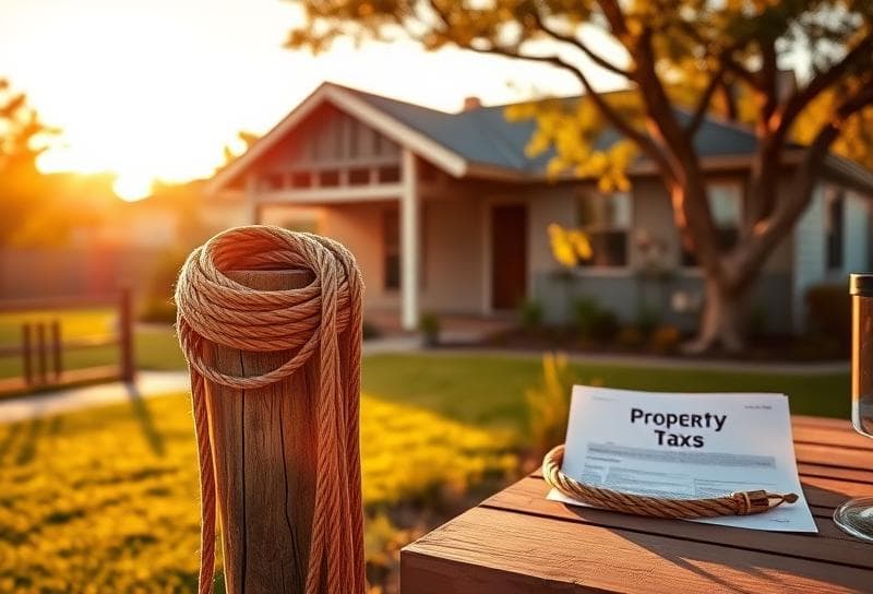 Modern Houston ranch home with native plants, lasso on wooden post, and property tax document,