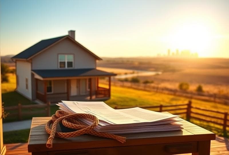Houston suburban home with property tax documents and lasso on porch, Texas ranch landscape with