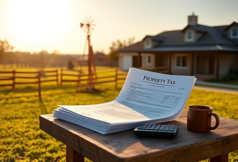 Texas ranch home with property tax documents, calculator, and lasso symbolizing Houston property tax protest