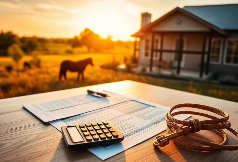 Texas ranch landscape with Houston suburban home, desk with tax documents, and lasso symbolizing tax