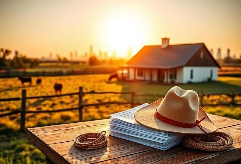 Texas ranch home with Houston skyline, property tax documents, cowboy hat, and 41.411 protest form