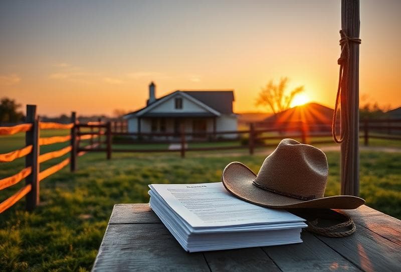 Texas ranch sunset with suburban home, lasso on fence, and property tax documents on rustic