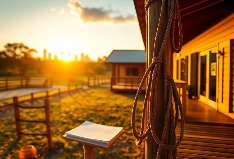 Modern Texas ranch home at sunset with lasso on fence, Houston skyline in distance, property