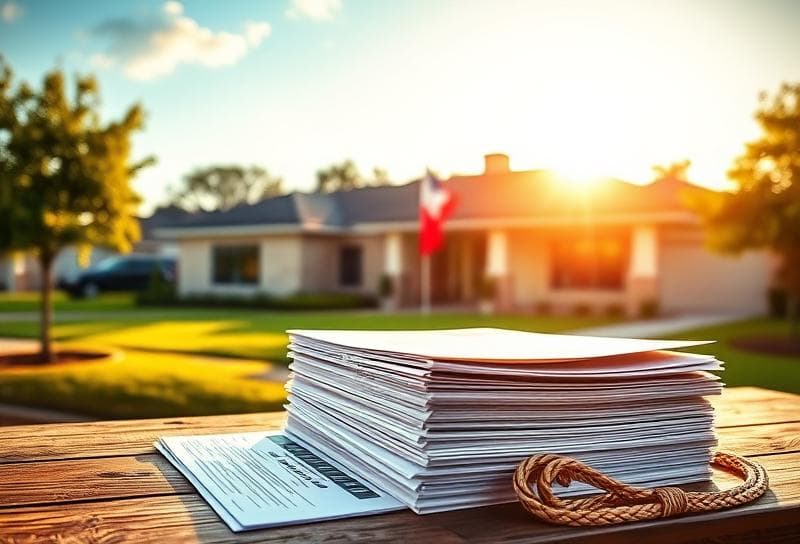 Rustic wooden desk with property tax documents and lasso under Texas sky, modern ranch home