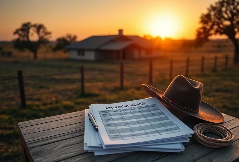 Texas ranch sunset with property documents, cowboy hat, and business personal property depreciation schedule on