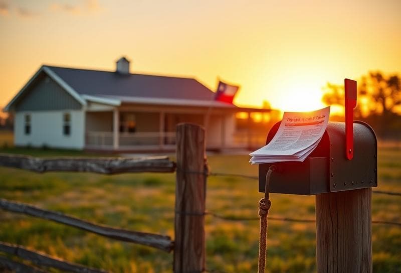 Texas ranch home at sunset with a lasso-draped fence, mailbox, and property tax documents, symbolizing