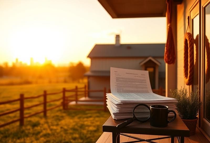 Texas ranch sunset with Houston-style home, lasso on fence, and property tax documents symbolizing a
