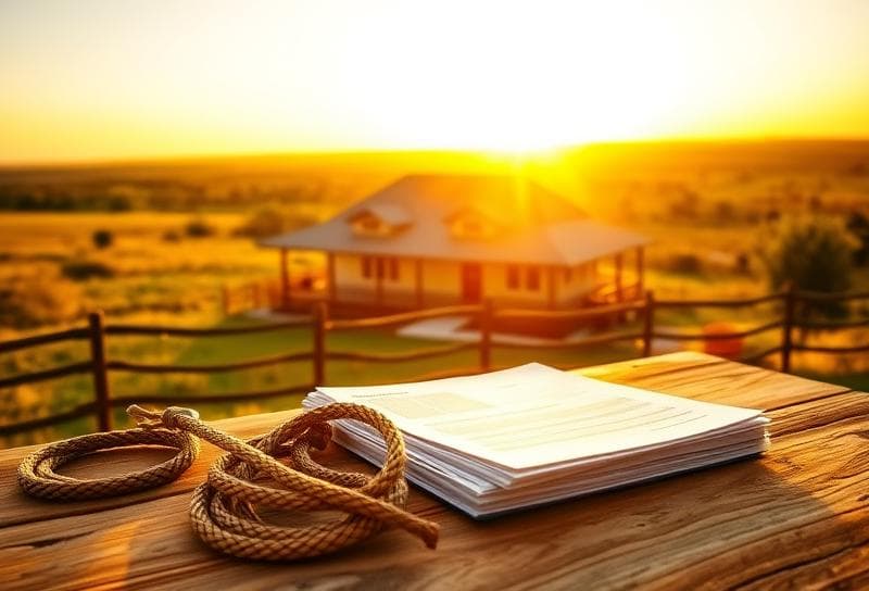 Texas ranch home with property tax documents and lasso on rustic table under golden hour