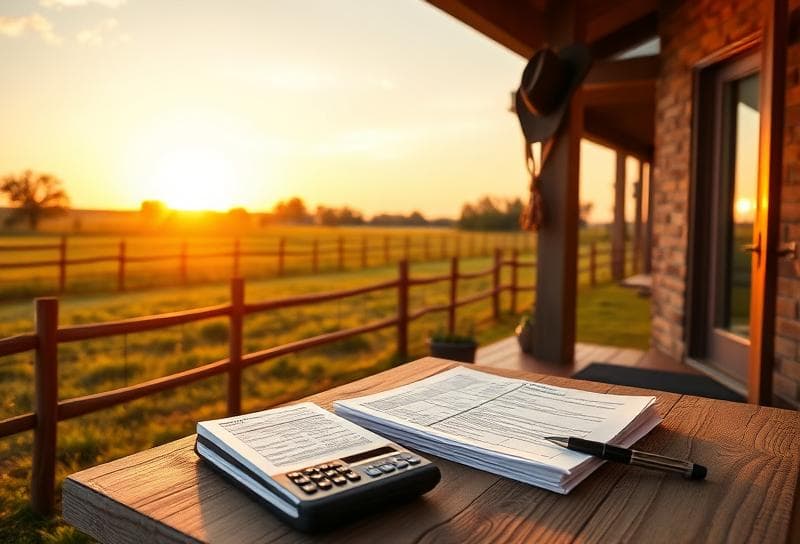 Sunset over a Houston ranch with property tax documents, calculator, and cowboy hat on a