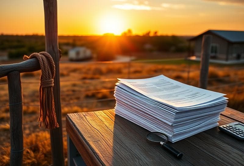 Texas ranch sunset with Houston suburb, lasso on fence, and property tax documents representing Bettencourt