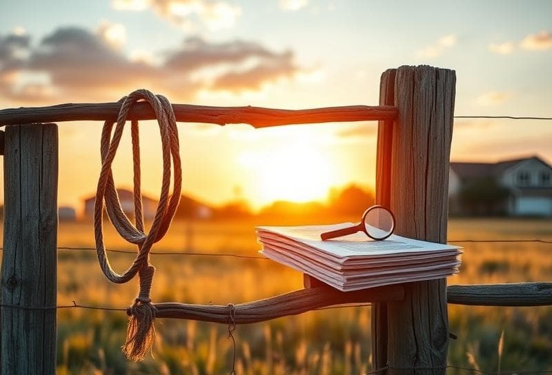 Sunset over a Texas ranch with Houston suburbs, lasso on a fence, and property appraisal