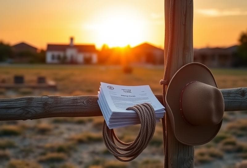 Serene Texas ranch sunset with property tax documents and cowboy hat on a weathered fence
