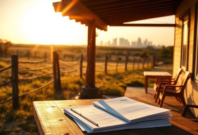 Texas ranch home with property tax documents, lasso, and Houston skyline, highlighting property tax protest