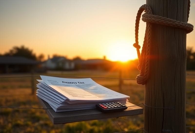 Weathered wooden fence with property tax documents, calculator, and lasso under a Texas sunset, highlighting