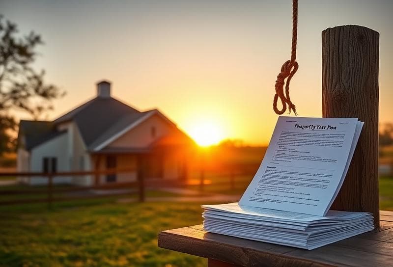 Texas ranch sunset with Houston-style home, lasso on fence, and property tax documents for state