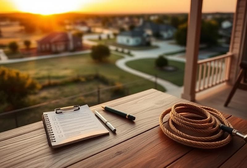 Sunset-lit Texas ranch porch with property tax documents, lasso, and checklist for choosing a real estate tax expert
