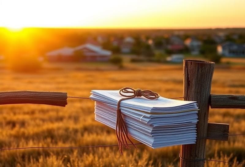 Weathered wooden fence with property tax documents tied by a lasso, Texas ranch sunset, Houston
