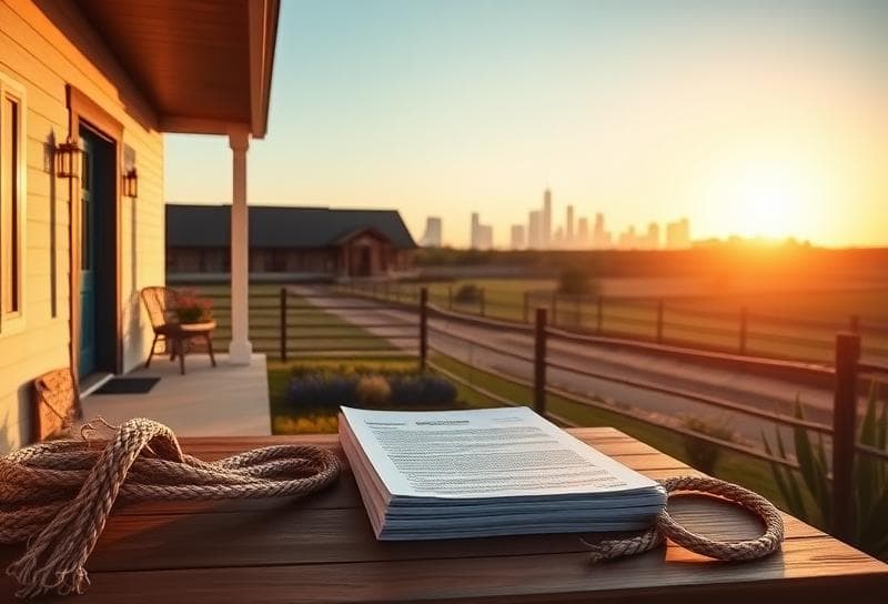Texas ranch home with Houston skyline, property tax documents, and lasso on rustic porch.