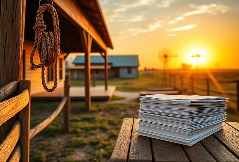 Sunset over a Texas ranch with a Houston-style house, lasso on a fence, and property