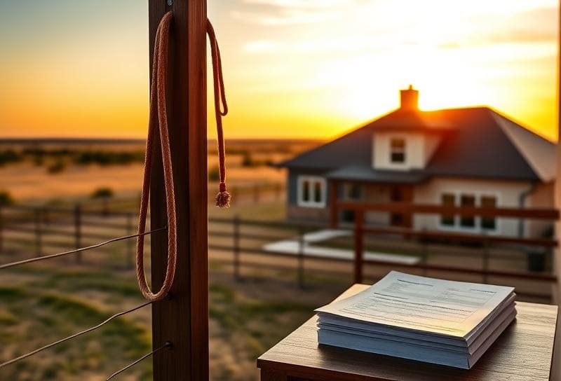 Houston ranch home at sunset with property tax documents, symbolizing secure online land tax payments.