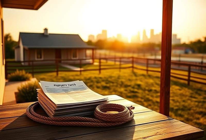 Rustic Texas ranch home with property tax documents and lasso on porch, Houston skyline in