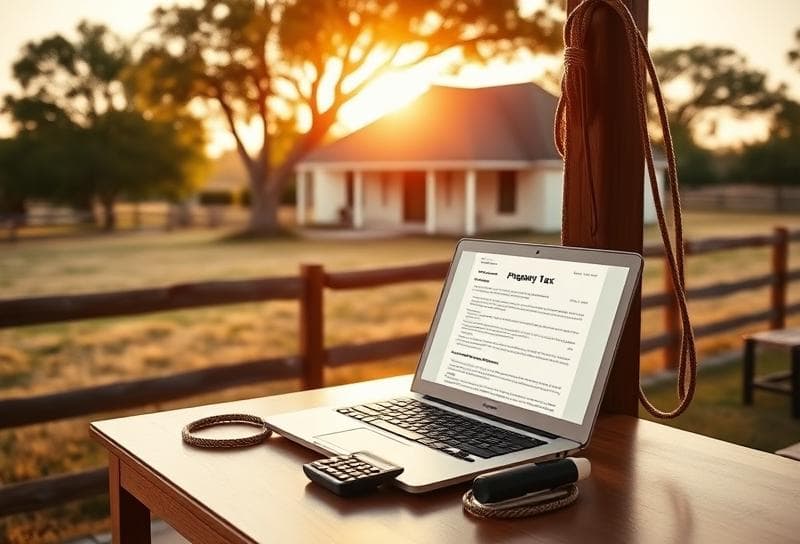 Sunlit Texas ranch with Houston-style home, desk with property tax documents, and lasso on fence