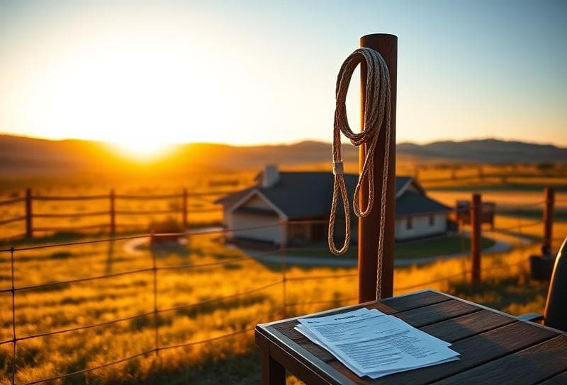 Sunset Texas ranch with Houston-style home, lasso on fence, and property tax documents, highlighting revenue