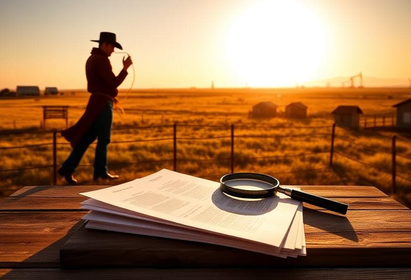 Sunlit Texas ranch with Houston suburban home, property documents, and cowboy silhouette under golden-hour lighting.