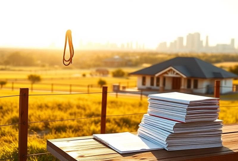 Modern Texas ranch home with a lasso on the fence, Houston skyline, and property tax