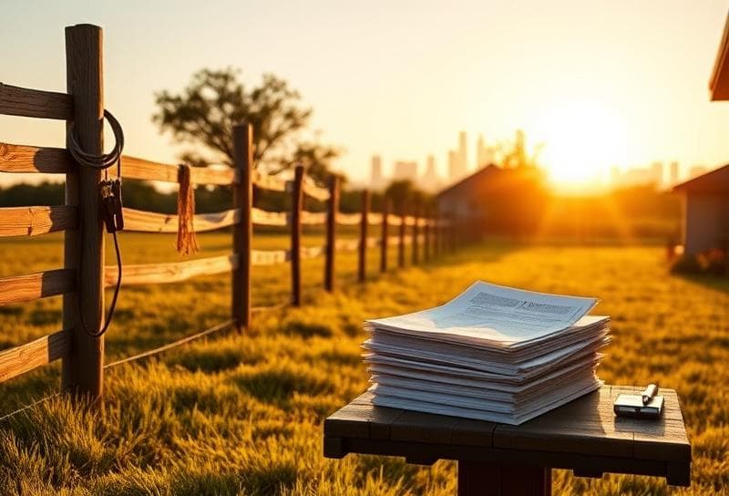 Sunlit Texas ranch with Houston suburban home, lasso on fence, and property tax documents on