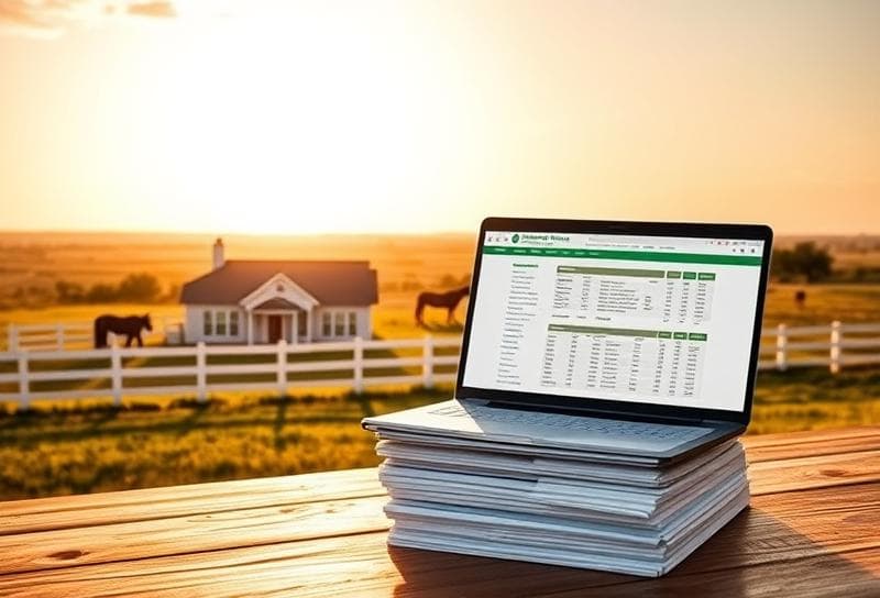 Suburban home with property tax documents and laptop for Richmond Texas property search, set against