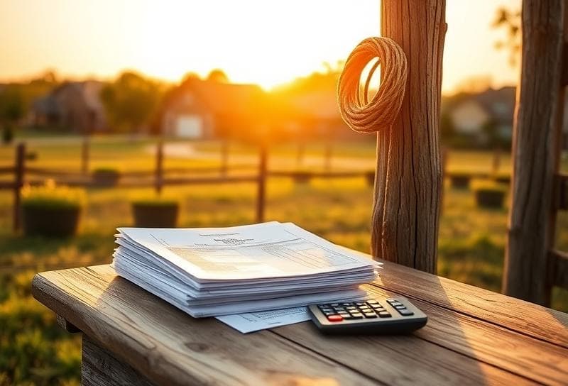 Weathered wooden fence with property tax documents, calculator, and lasso on a Texas ranch, blending