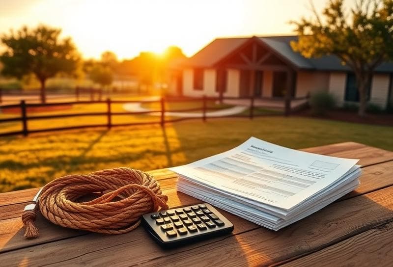 Sunlit Texas ranch with Houston home, lasso, and property tax documents for personal tax deductions.
