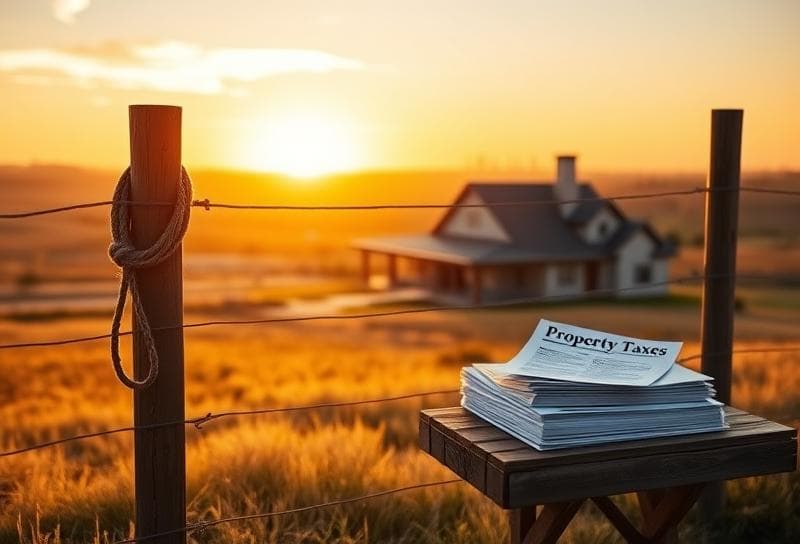 Sunset Texas ranch with Houston suburban home, lasso on fence, and property tax documents on