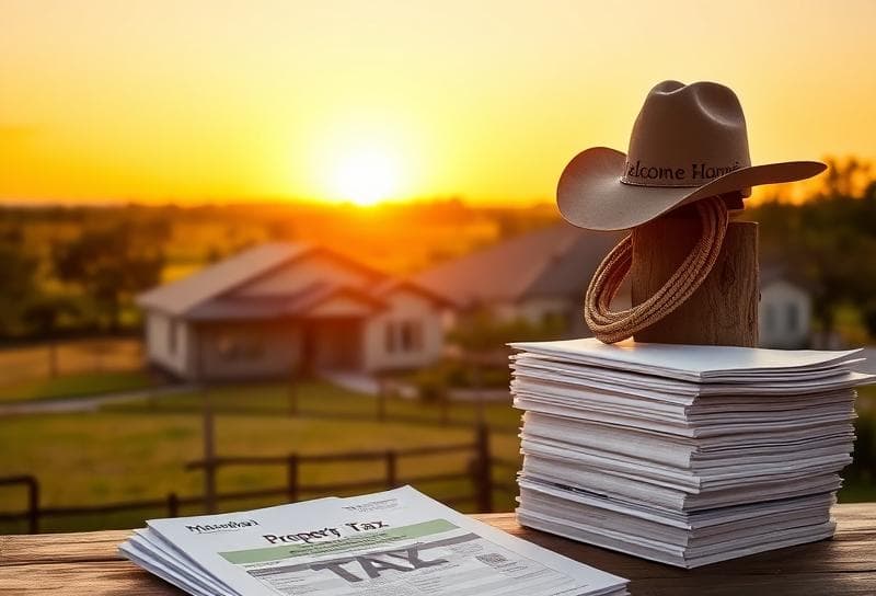 Texas ranch sunset with suburban home, cowboy hat, lasso, and property tax documents for tax