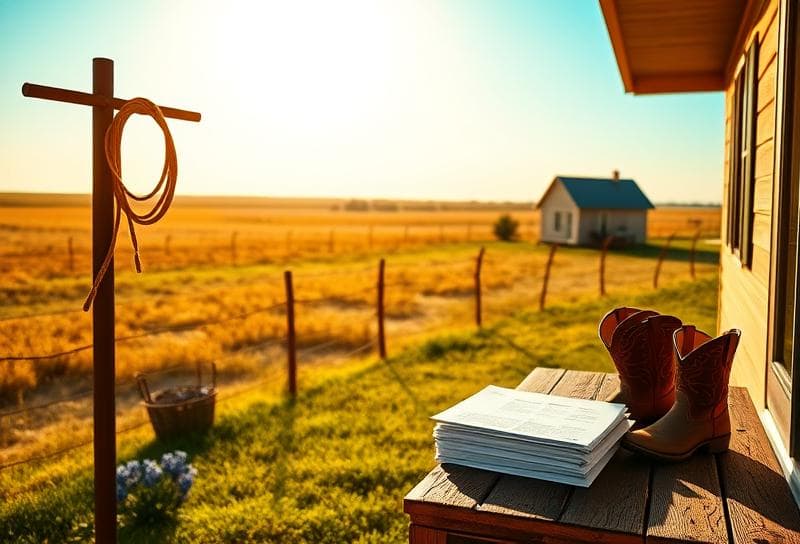 Houston suburban home with bluebonnets, lasso on fence, and property tax documents on porch.