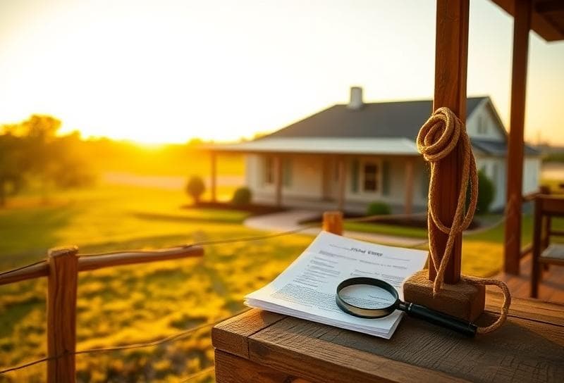 Golden hour Texas ranch with Houston-style house, lasso on fence, and property tax documents on