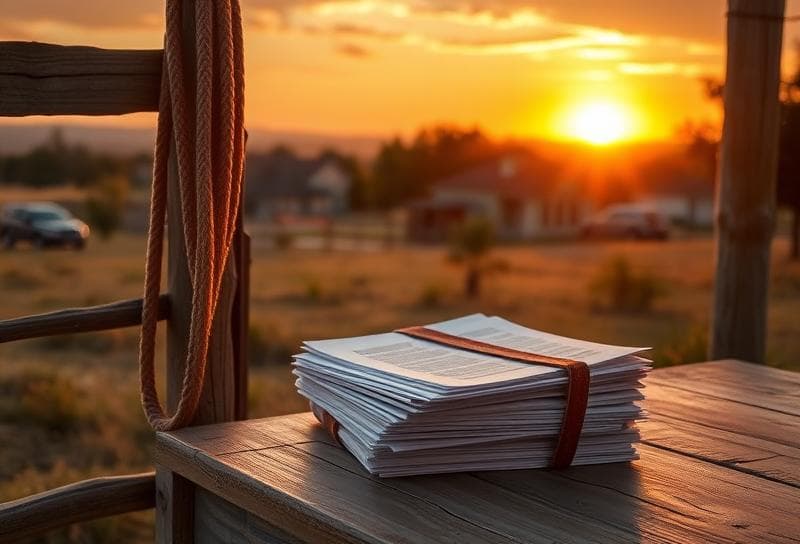 Sunset over a Texas ranch with Houston suburbs, lasso on a fence, and property tax