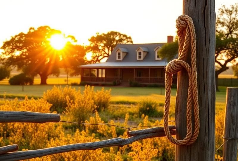 Golden hour Texas ranch with a lasso on a fence, symbolizing property ownership and tax