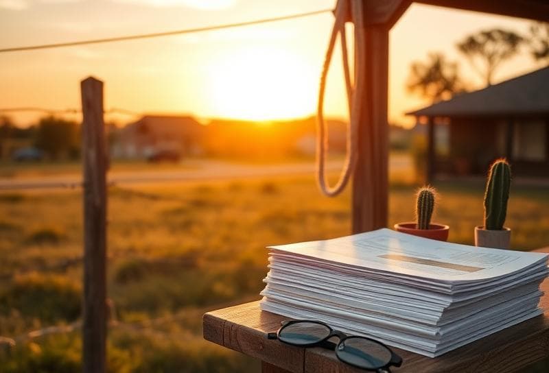 Sunset Texas ranch with Houston suburb, lasso on fence, and property tax documents, showcasing tax