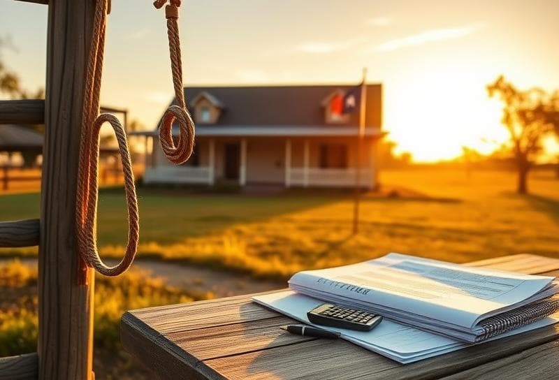 Sunlit Texas ranch with a lasso, property documents, and a waving Texas flag, symbolizing Houston